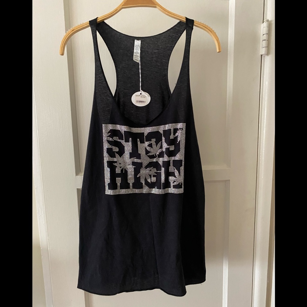 Stay High Rhinestone Racer Back Black Tank Size Large